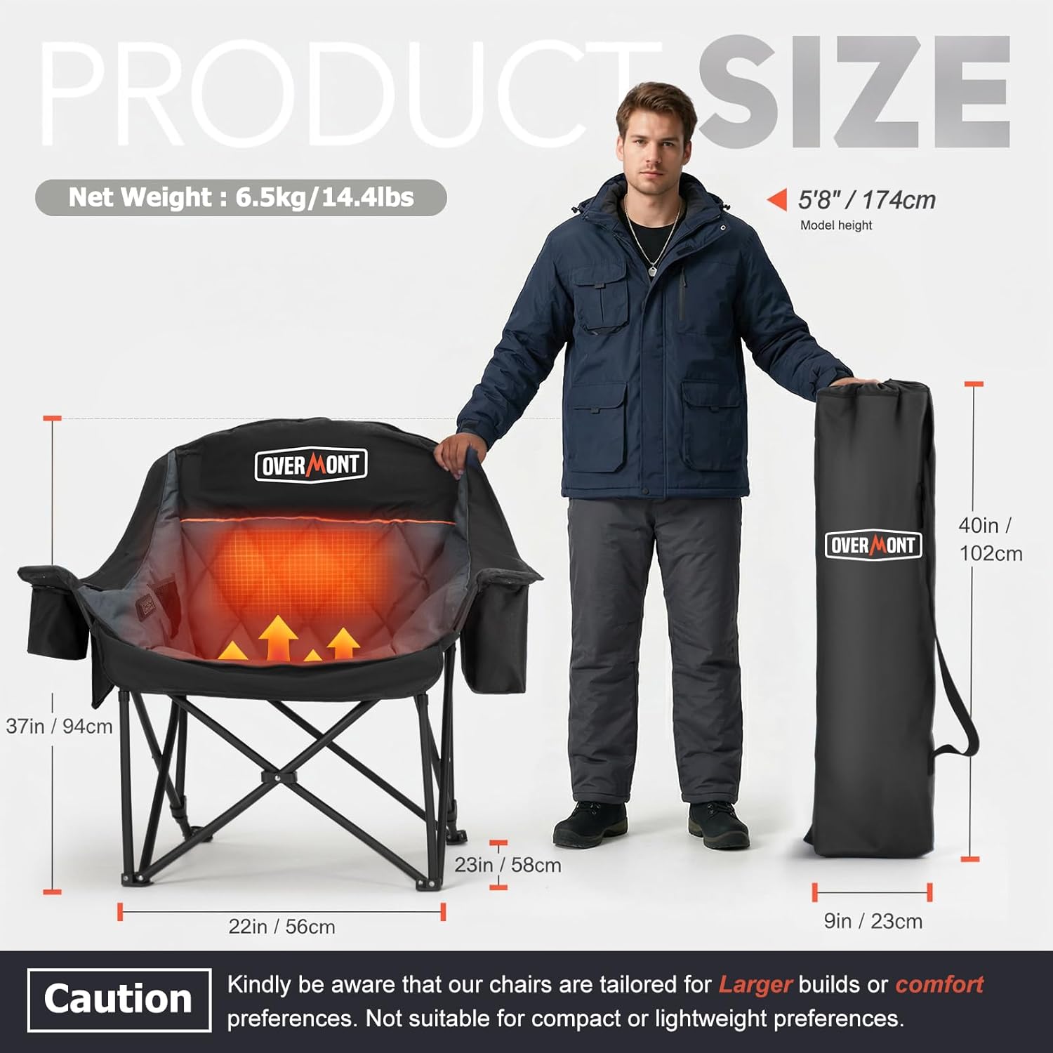 Overmont Gentle Heated Oversized Camping Chair for Adults - 3 Levels Seat & Back Separately Control - 400lbs Support Heavy Duty Padded Folding Chair Outdoor Garden Portable - Battery NOT Included