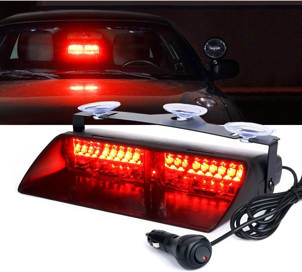 Xprite Red LED Emergency Dash Strobe Light, Interior Windshield Safety Warning Firefighter Lights w/Suction Cups, 12V Windshield Visor Light Bar for Police Ambulance EMS Patrol Vehicles Fire Trucks