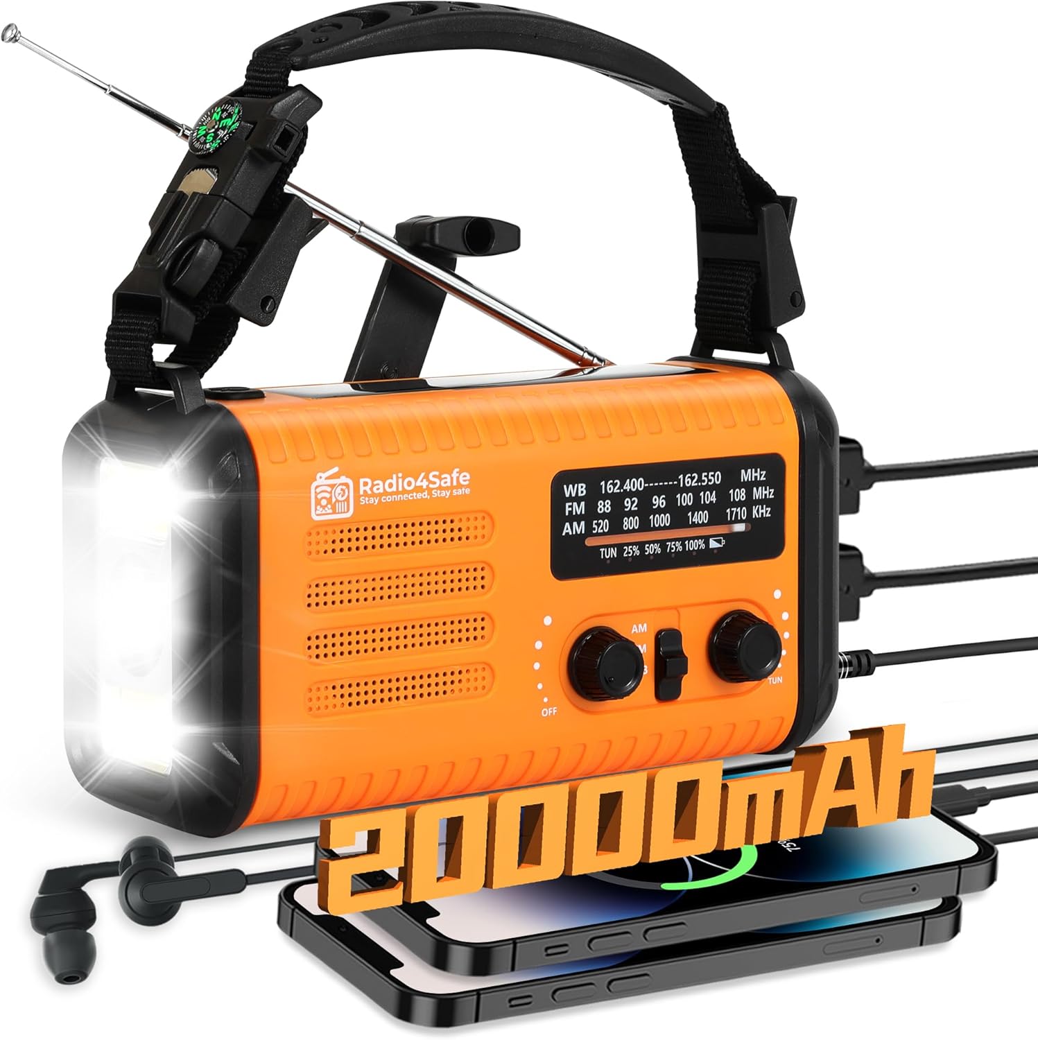 20000mAh Solar Emergency Radio, Hand Crank Radio, NOAA Weather Radio, with Flashlight, Cell Phone Charger, SOS Alarm, for Hurricane, Storm, Survival, Camping and Hiking (Orange)