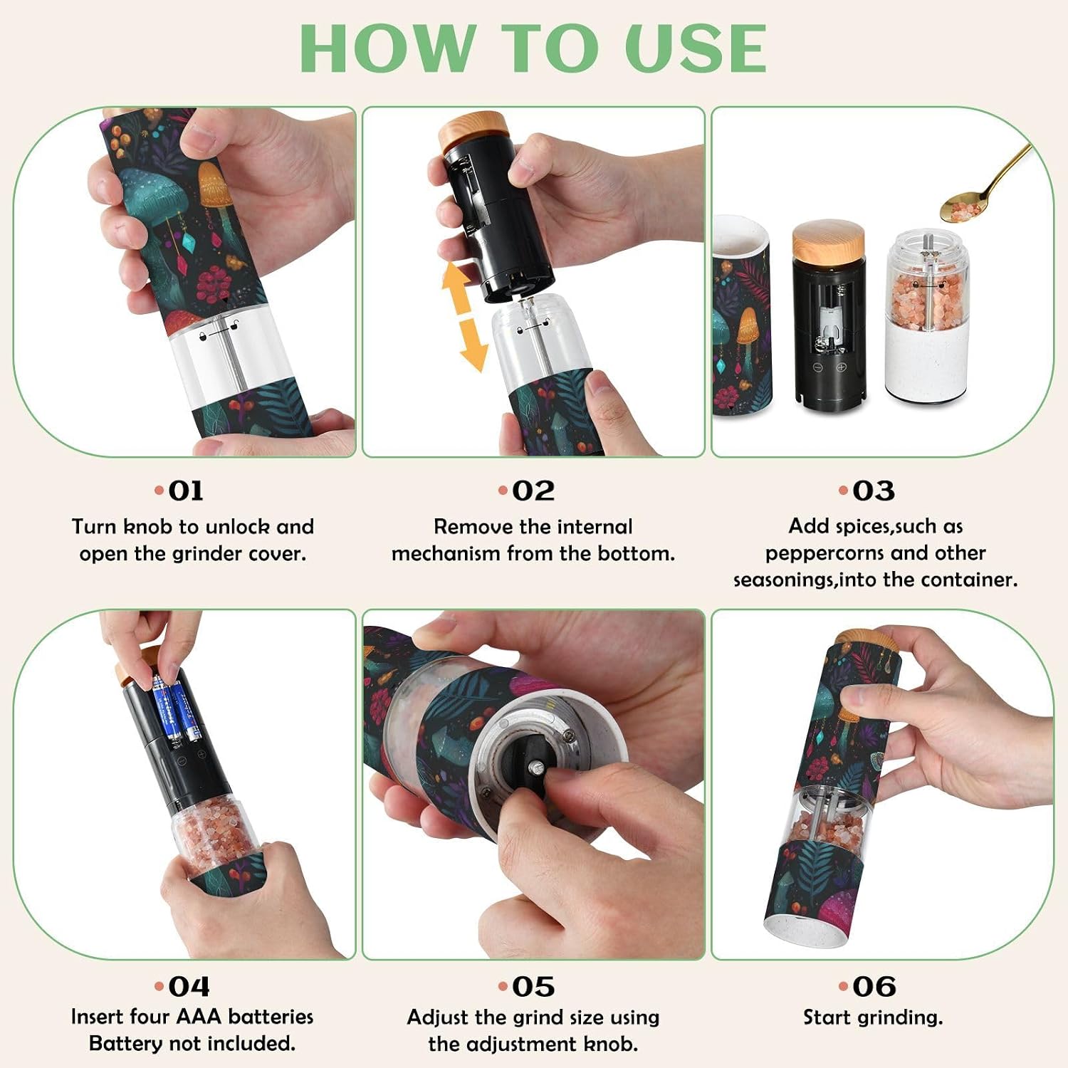 ALAZA Electric Pepper Grinder with Adjustable Coarseness, Witch Mushroom Black Background Pattern Battery Automatic Salt and Pepper Mill with Led, One-Handed Operation Spice Grinder for Kitchen, Campi