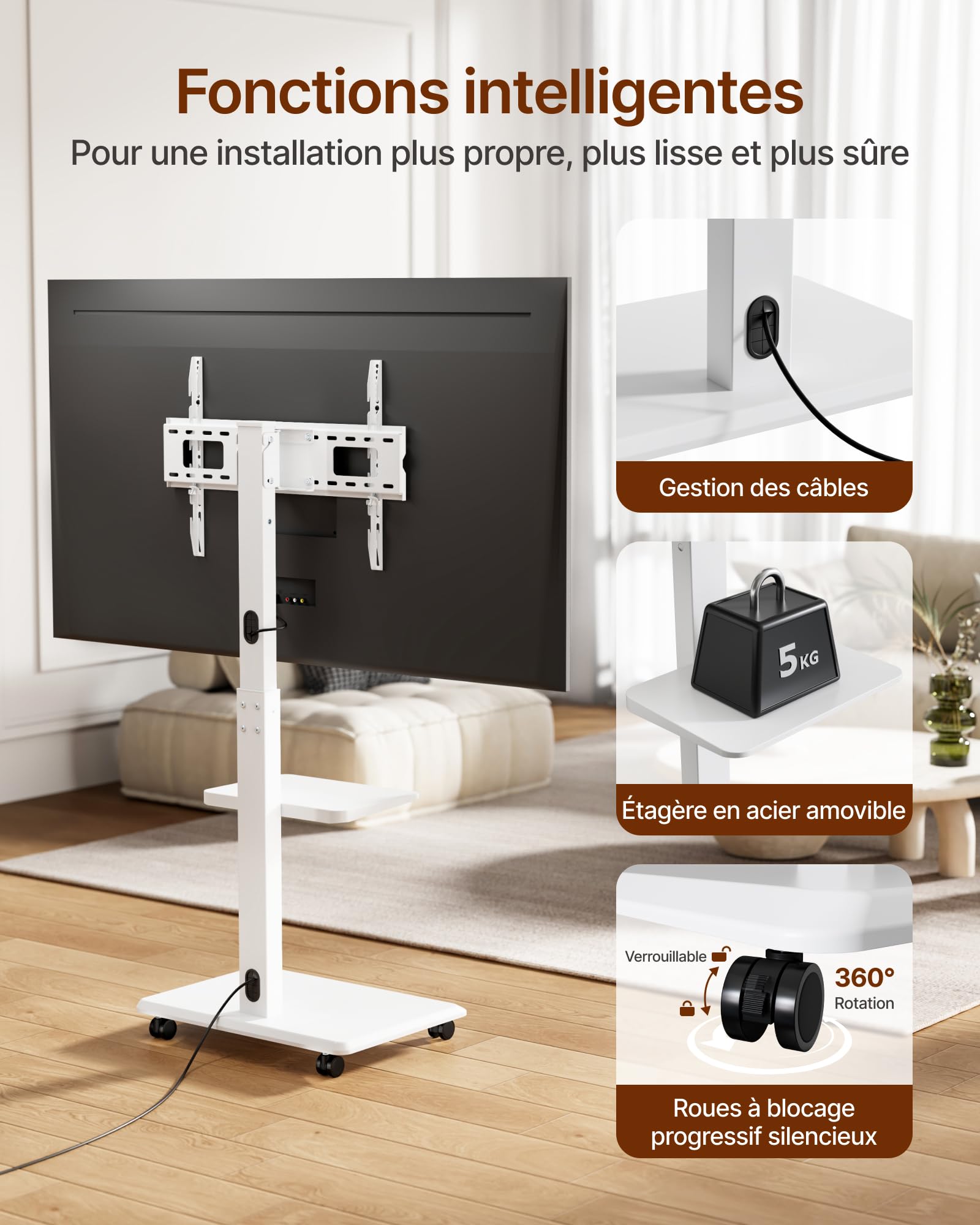 Support TV roulettes pour Téléviseur de 37-75 Pouces jusqu'à 50 kg