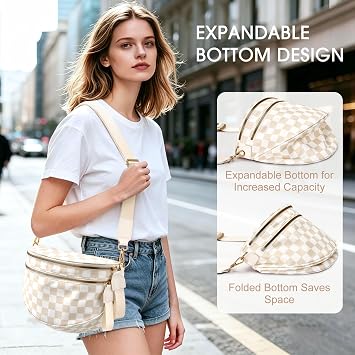 Checkered Nylon Crossbody Bag Bum Bag for Women Mom Large Checkered Fanny Packs with Adjustable Strap