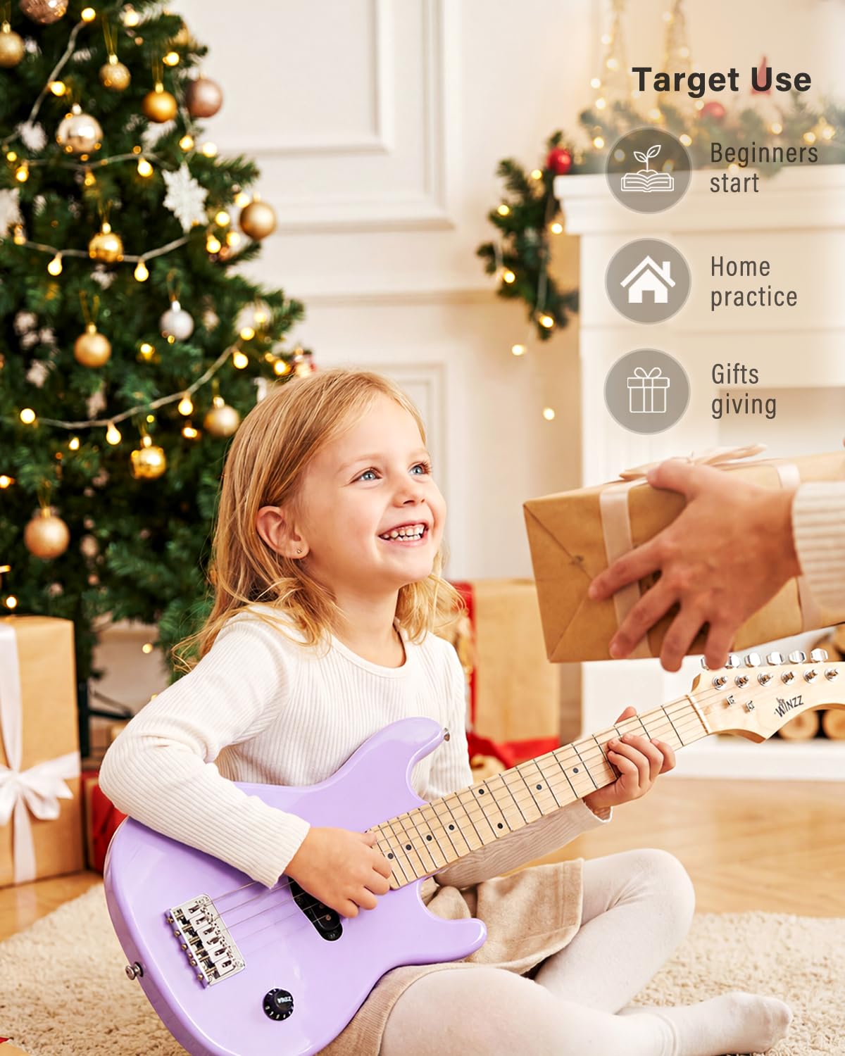 Winzz Kit per chitarra elettrica per bambini da 76,2 cm, mini chitarra elettrica per principianti con amplificatore, custodia, corde extra, plettri, cinghia, cavo e chiave, viola speciale