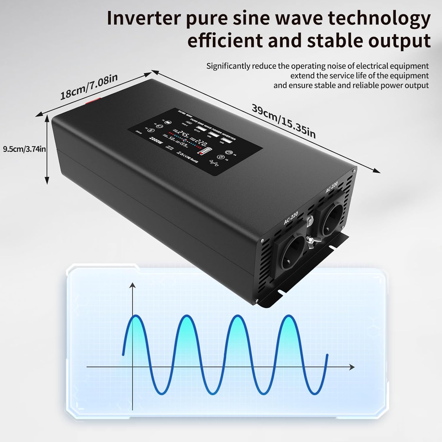 Inverter with pure sine wave technology diagram and dimensions