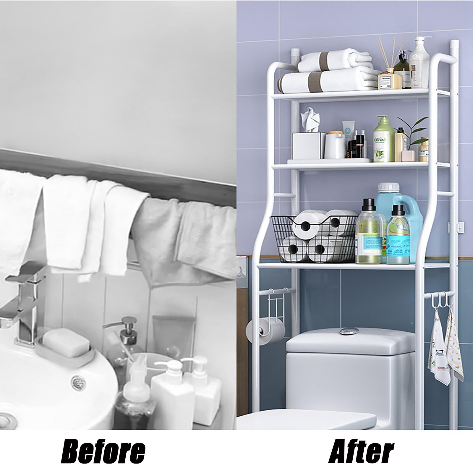 Ripiani regolabili a 3 ripiani sopra il WC, soluzione salvaspazio per bagno, cucina e organizzazione di studio