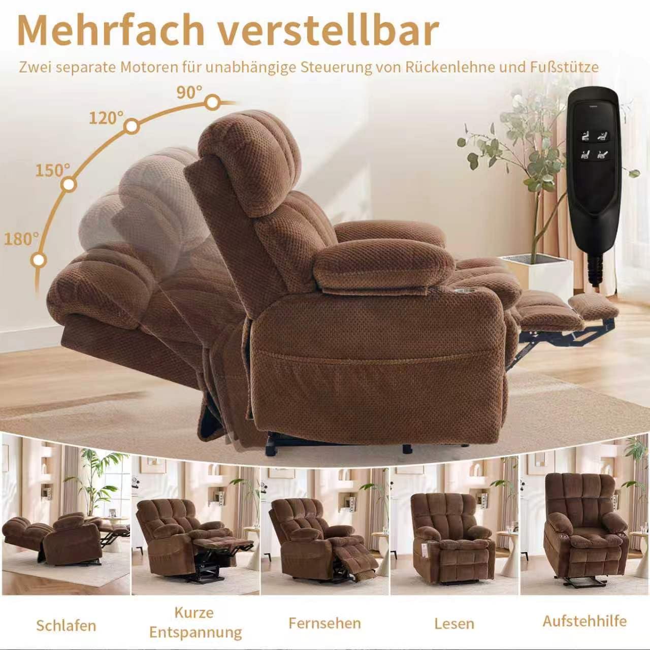 Sillón eléctrico para TV con ayuda para levantarse, masaje y calefacción, color marrón