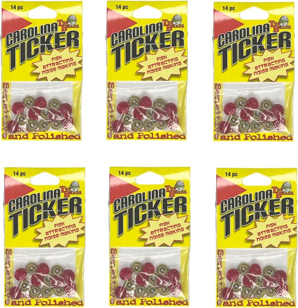Top Brass Carolina Ticker with 8mm Red Glass Beads – Bass Fishing Sinker/Weight Accessory – Creates Fish Attracting Noise with Carolina and Texas Soft Plastic Worm Rigs – Six Packages