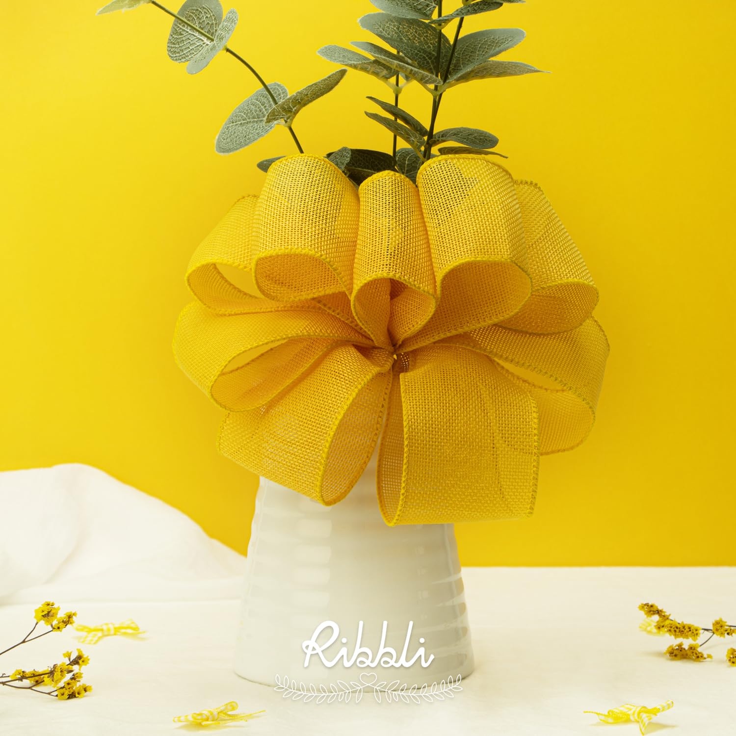 Ribbli Cinta de arpillera con alambre, 2-1/2 pulgadas x 10 yardas, amarillo, cinta de borde con cable sólido para arco grande, corona, decoración de árboles, decoración al aire libre