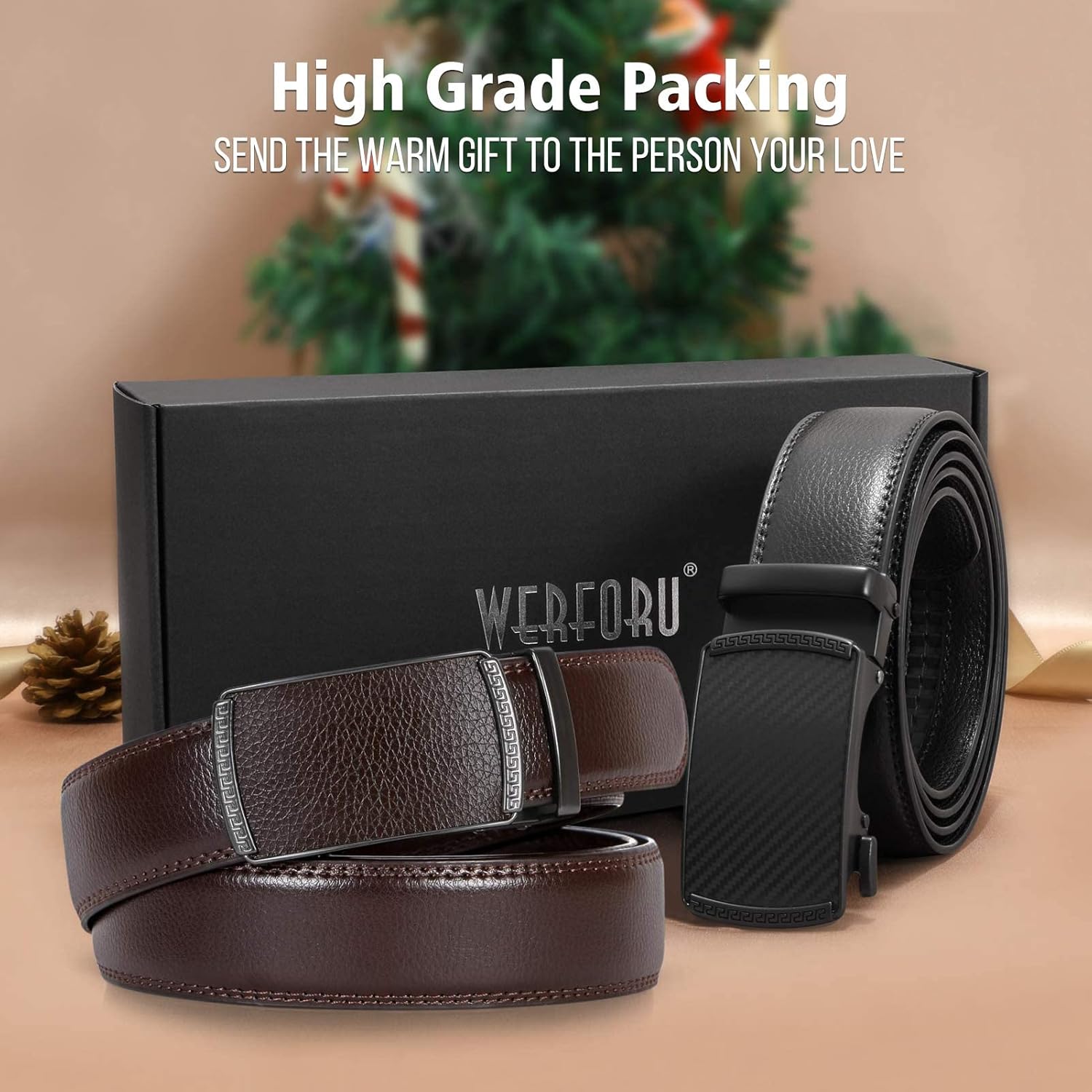 WERFORU Set of 2 Leather Ratchet Dress Belt for Men with Automatic Buckle - Image 5