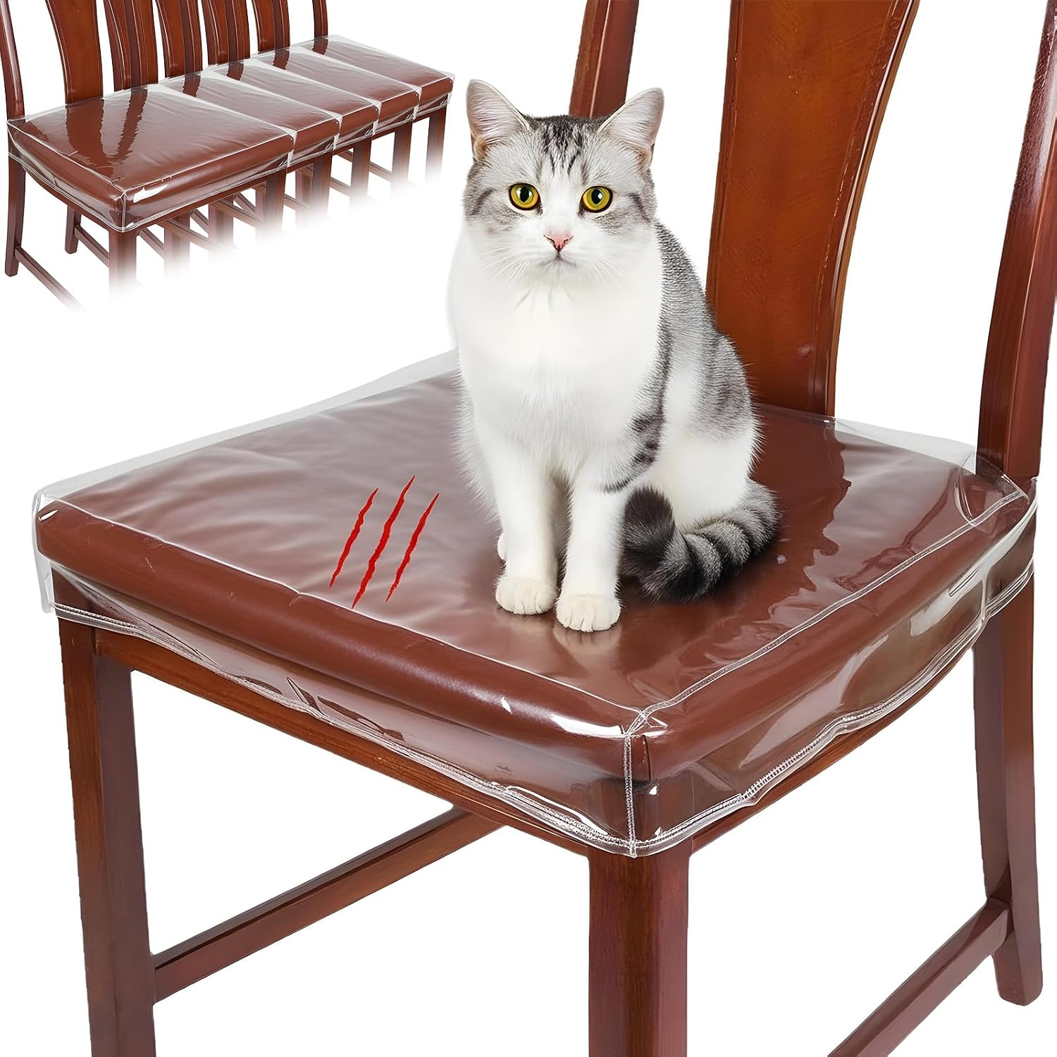 Kifmurase 6 Pack Plastic Dining Chair Seat Covers, Reusable Thickened Soft PVC Seats Protector, Kitchen Chair Seat Protectors with Adjustable Belt Strap (22‘’ W x 17‘’ D)