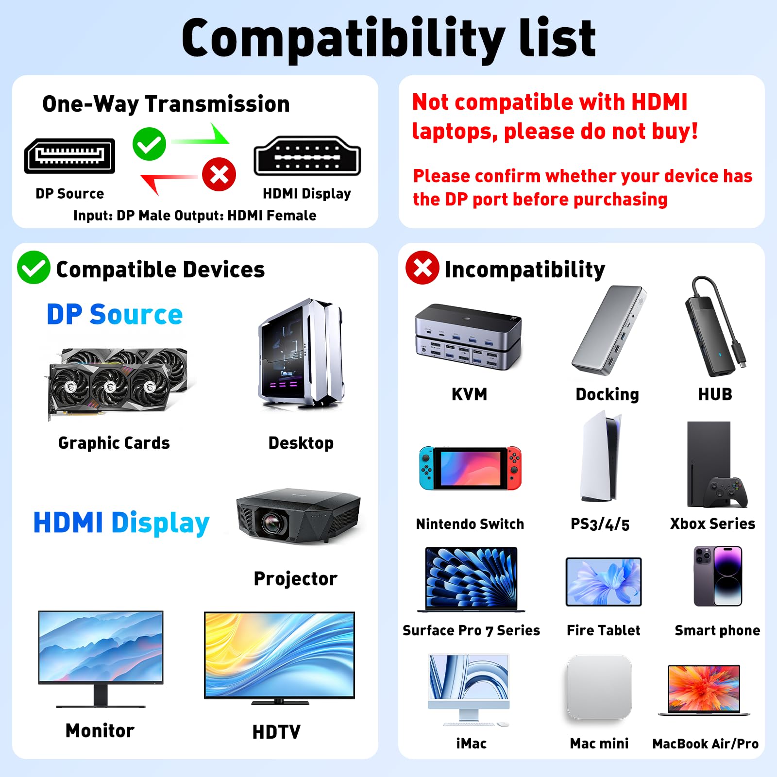 Adaptateur DisplayPort vers double HDMI 4K @ 60 Hz, source DP 1.4 vers HDMI 2.0 pour deux écrans, répartiteur DisplayPort vers HDMI 1 entrée 2 sorties écran étendu, pour PC, NVIDIA, carte