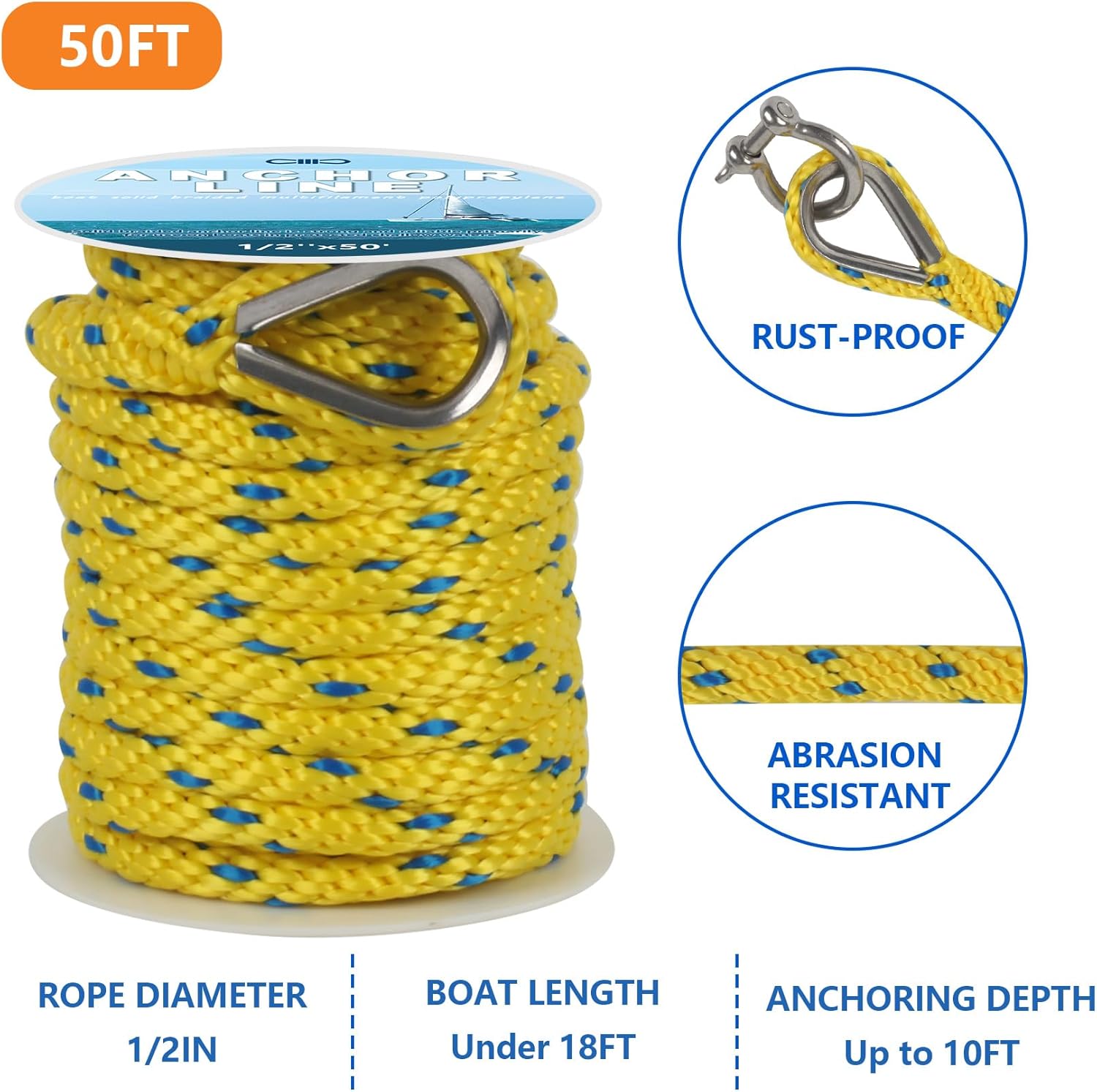 Anchor Rope 50 Ft x 1/2 Inch Premium Solid Braid MFP Anchor Line with 316 Stainless Steel Thimble and Heavy Duty Shackle Marine Boat Rope - Light Yellow/Blue