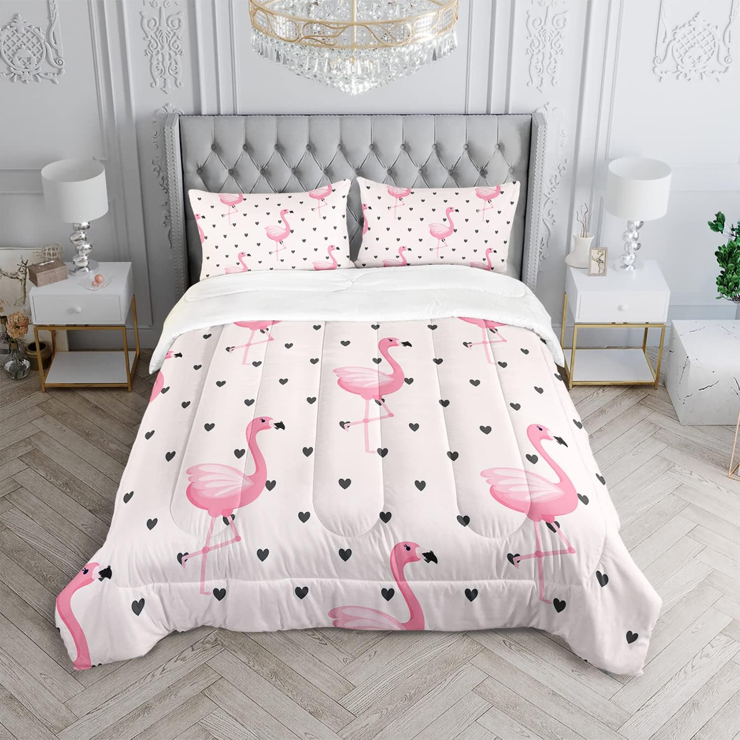 Flamingo Comforter Set Full Size Tropical Pink Flamingo Love Heart Pattern Bedding Set Kawaii Quilted Duvet for Kids Girls Boys Adult with 1 Comforter and 2 Pillowcases