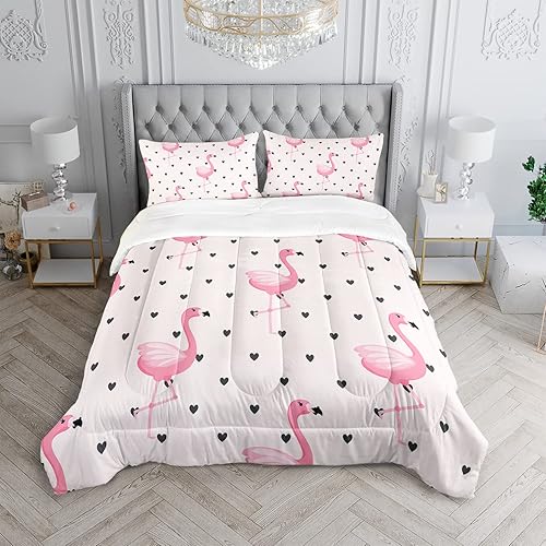 Miniatura 3 de XYNHML Juego de edredón de flamenco, tamaño Queen, diseño de corazón de flamenco, rosa tropical, juego de ropa de cama acolchado Kawaii para niños,