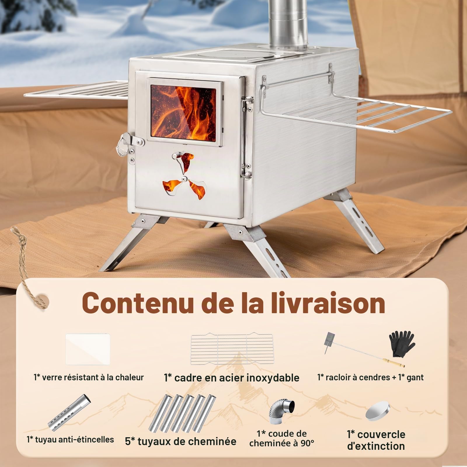 MOPHOTO Réchaud à bois de camping avec 7 tuyaux de cheminée en acier inoxydable et pare-étincelles, chauffage extérieur, cuisine, pêche sur glace, chasse (38 x 20 x 22 cm)