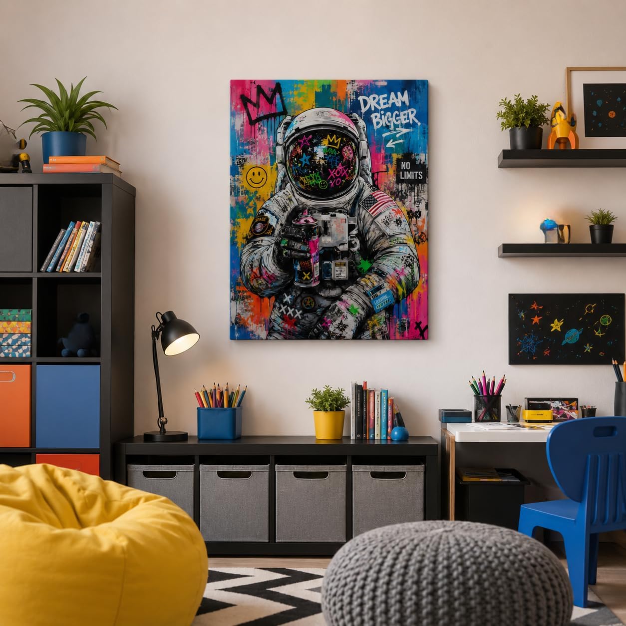 Space Explorer Canvas Wall Art Framed Urban Graffiti Painting Prints Posters Wrapped Canvas Wall Decor Colorful Motivational Astronaut Artwork for Teen Bedroom Office Dorm Playroom Gift 16x24 Inches image 3