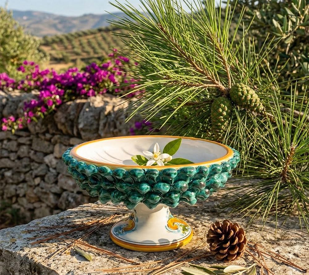 Plateau en céramique sicilienne Caltagirone peint à la main en vert impérial