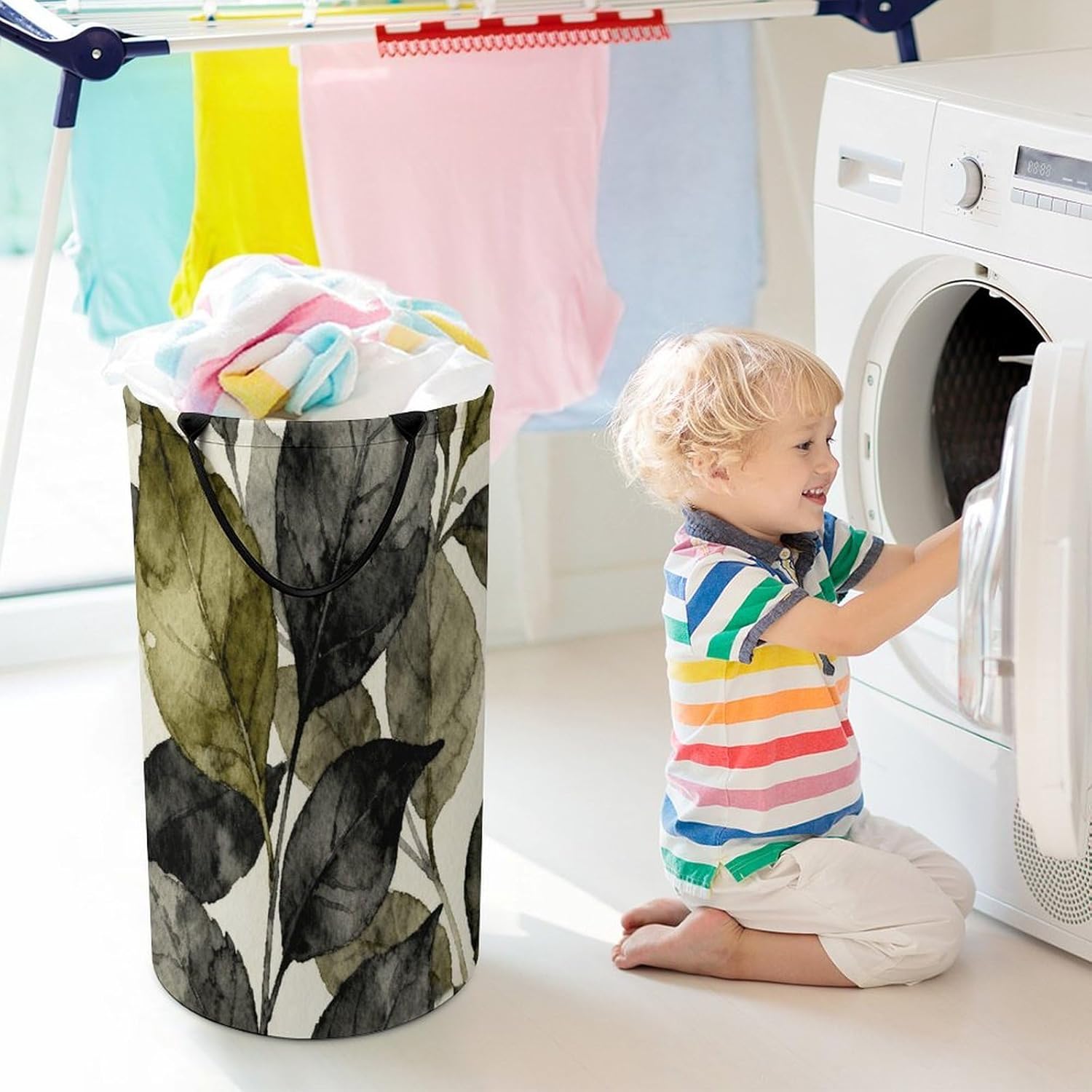 Dark Floral Leaf Laundry Hamper Portable Lightweight Clothes Hampers Fashion Dirty Laundry Storage Basket Large Capacity Foldable Clothes Baskets for Bathroom Bedroom