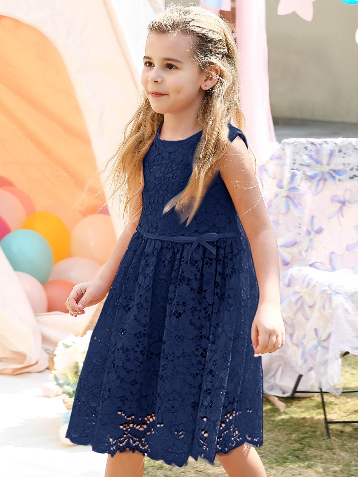 ALLOVIN Robe de fête en Dentelle A-Line sans Manches pour Filles et Tout-Petits pour Pâques, Anniversaire, Robe de Demoiselle d'honneur avec nœud perlé 2-12 Ans