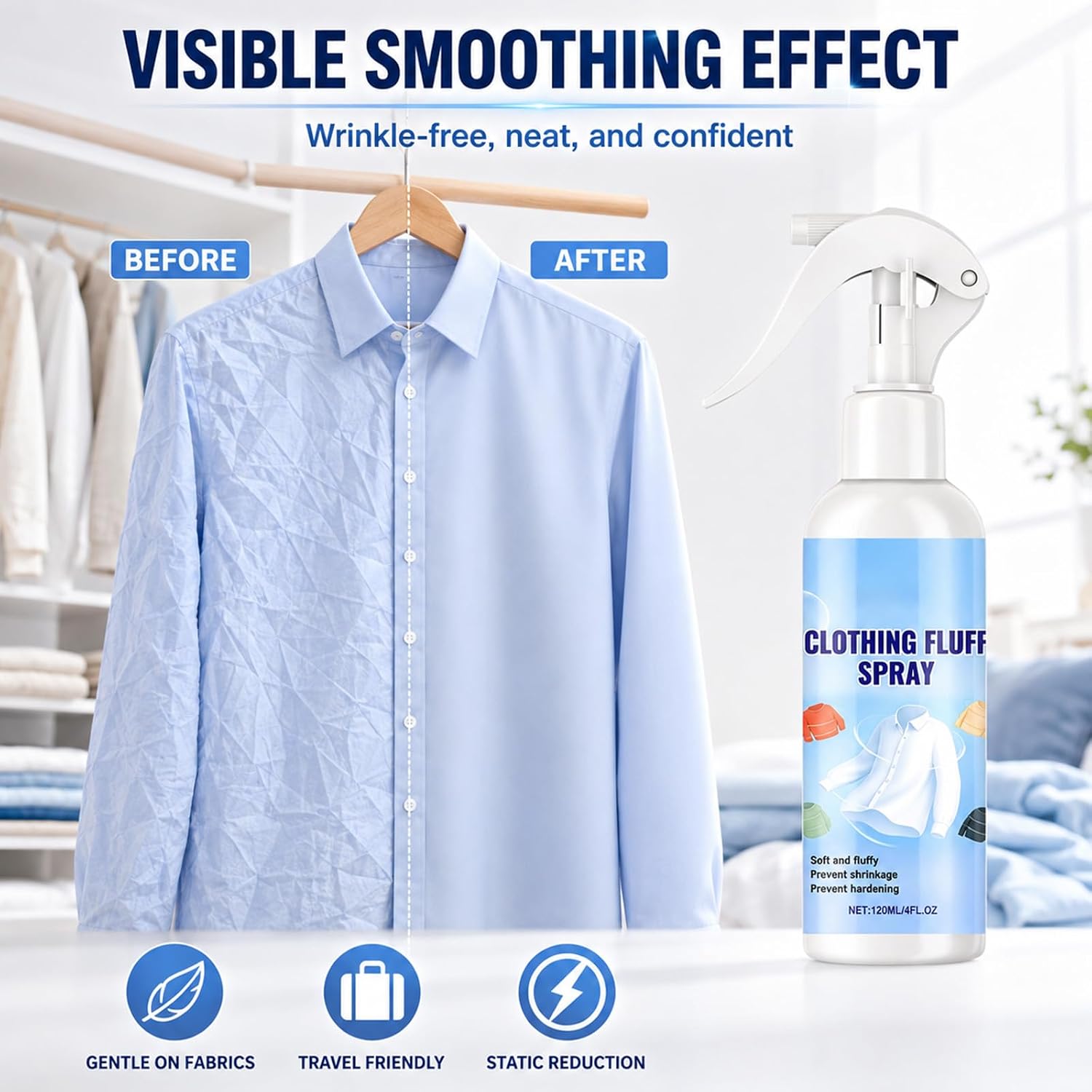 Clothing Fluff Spray, Instant Wrinkle Releaser Spray, All In One Formula, Wrinkle Releaser Clothing Refresher for Shirt,Dress,Suits