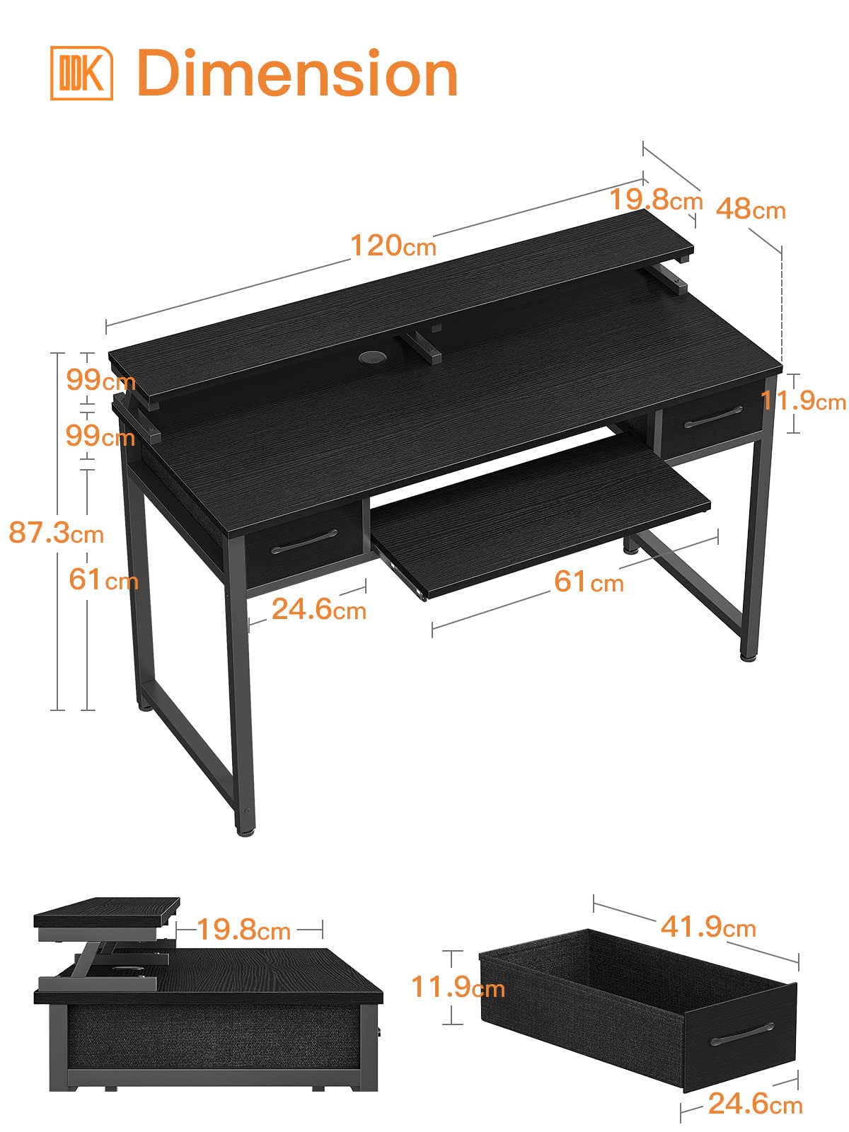 ODK Scrivania per Computer con Vassoio per la Tastiera, Scrivania da Ufficio con Supporto per Monitor, Scrivania con 2 Cassetto, Scrivania per Ufficio e Casa (120x40, Nero-1)
