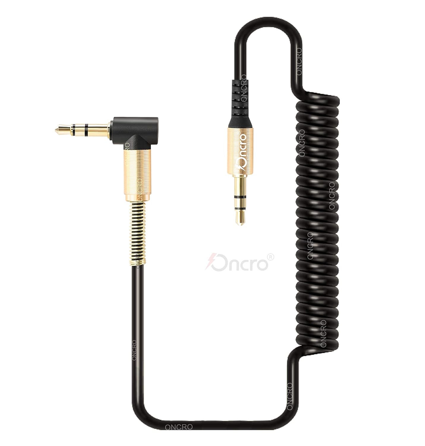 Black 3.5mm Male to Male Aux Cable L Shape Coiled Telescopic Right Angle Stretchable Audio Wire Spring Relief Gold Jack Car Home Stereo Headphones Speaker Smartphone Phone Tablet Bluetooth MP3