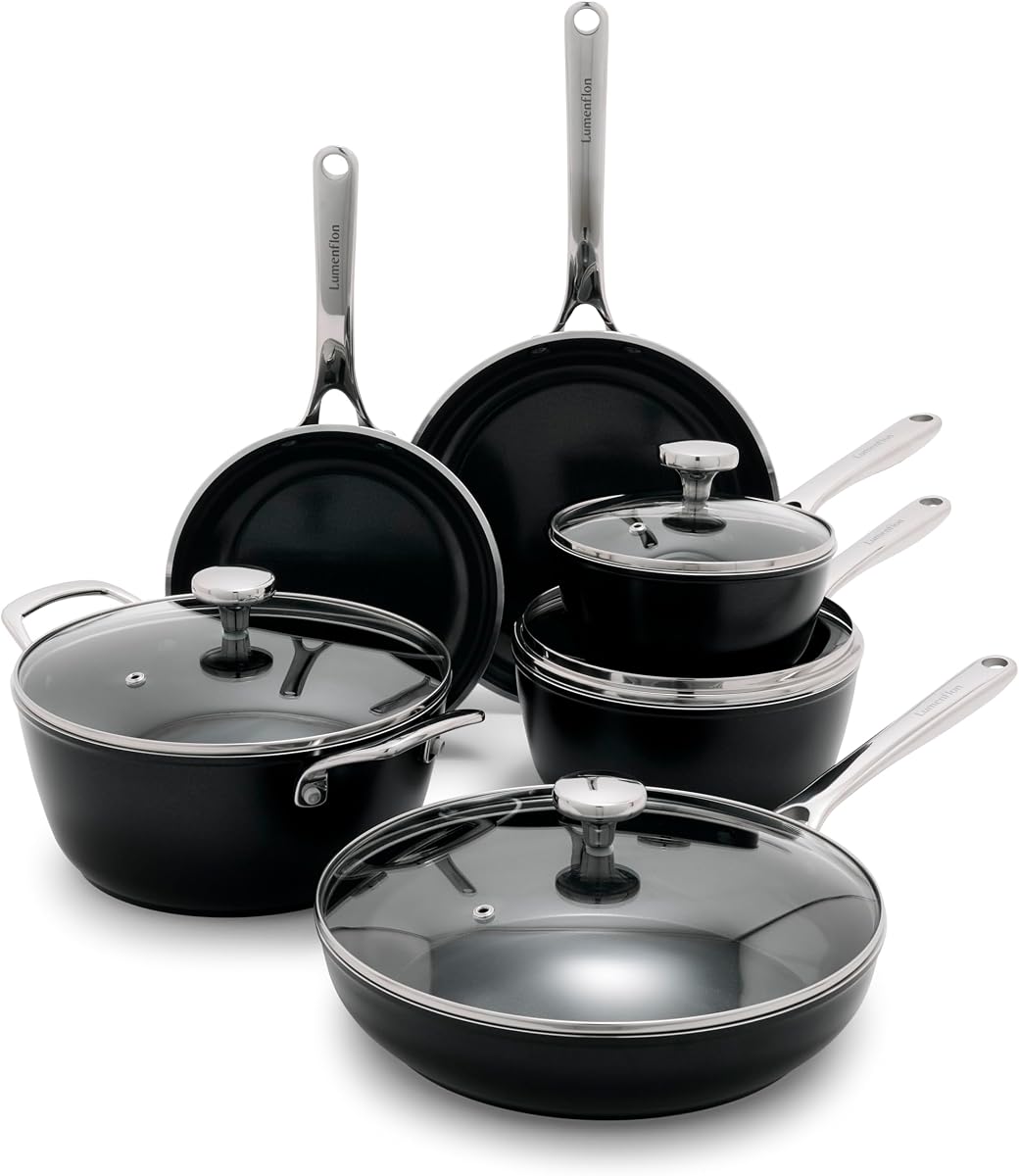 Orfeo 10 Piece Nonstick Cookware Set, Made in Italy, Diamond Ceramic PFAS-Free Pots & Pans, Induction Ready, Scratch Resistant, Laser-Fused Surface for Durability, Dishwasher Safe, Black
