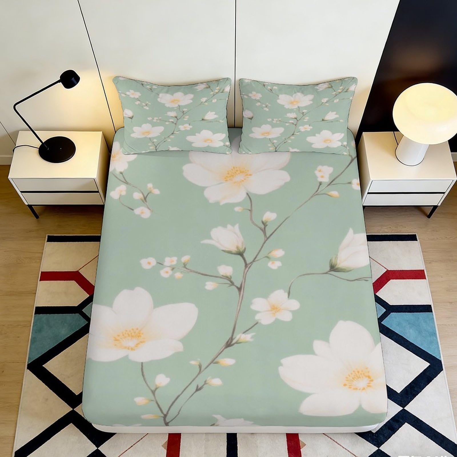 3D Printed Pastel Floral Fitted Sheet Microfiber Soft Breathable Blossom Bed Cover for Bedroom Guest Room Decor 90x200x25cm