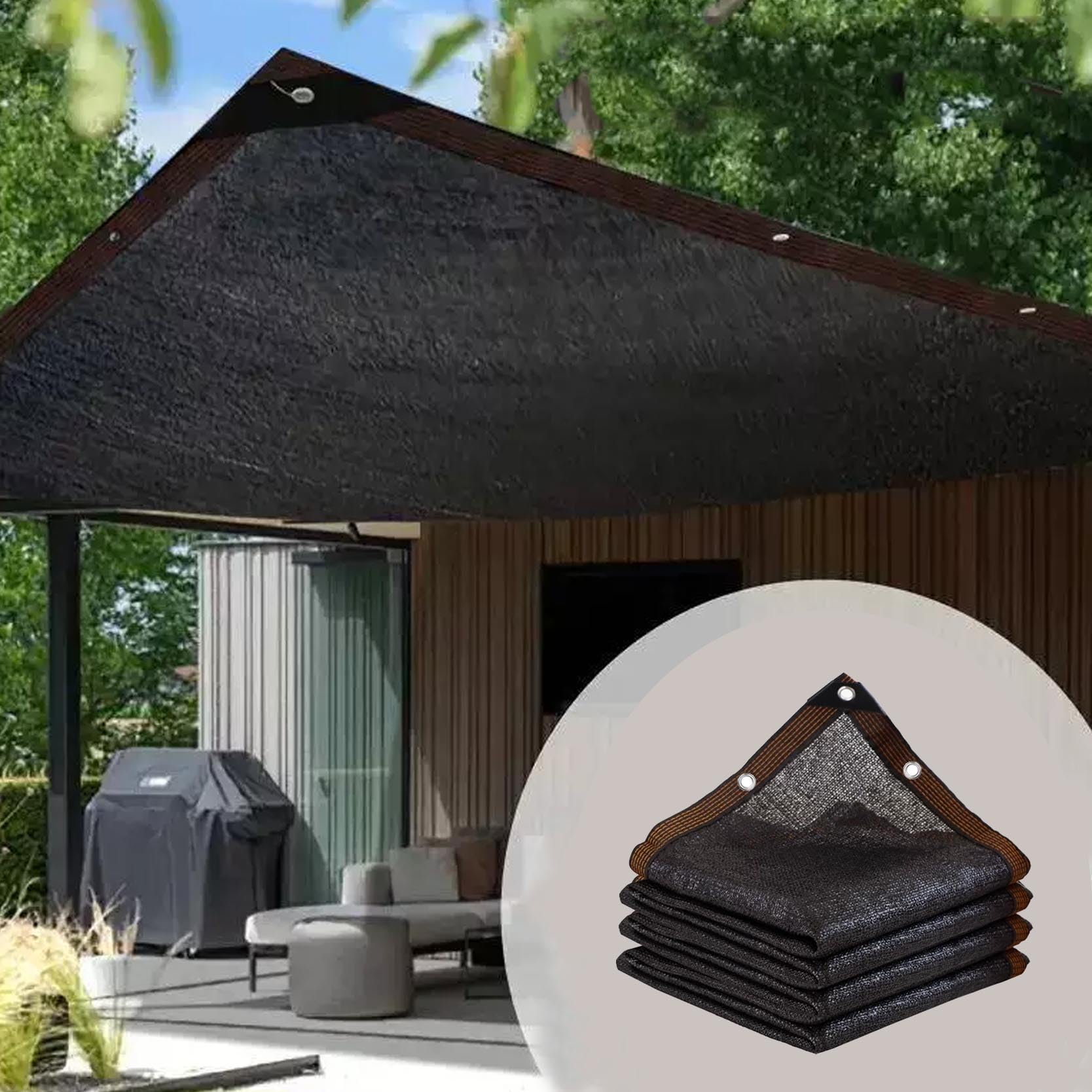 Malla de Sombra con Ojales, Negra, Resistente al Viento, HDPE | 70% sombra, malla tupida, ojales metálicos, Protección solar para terraza y jardín