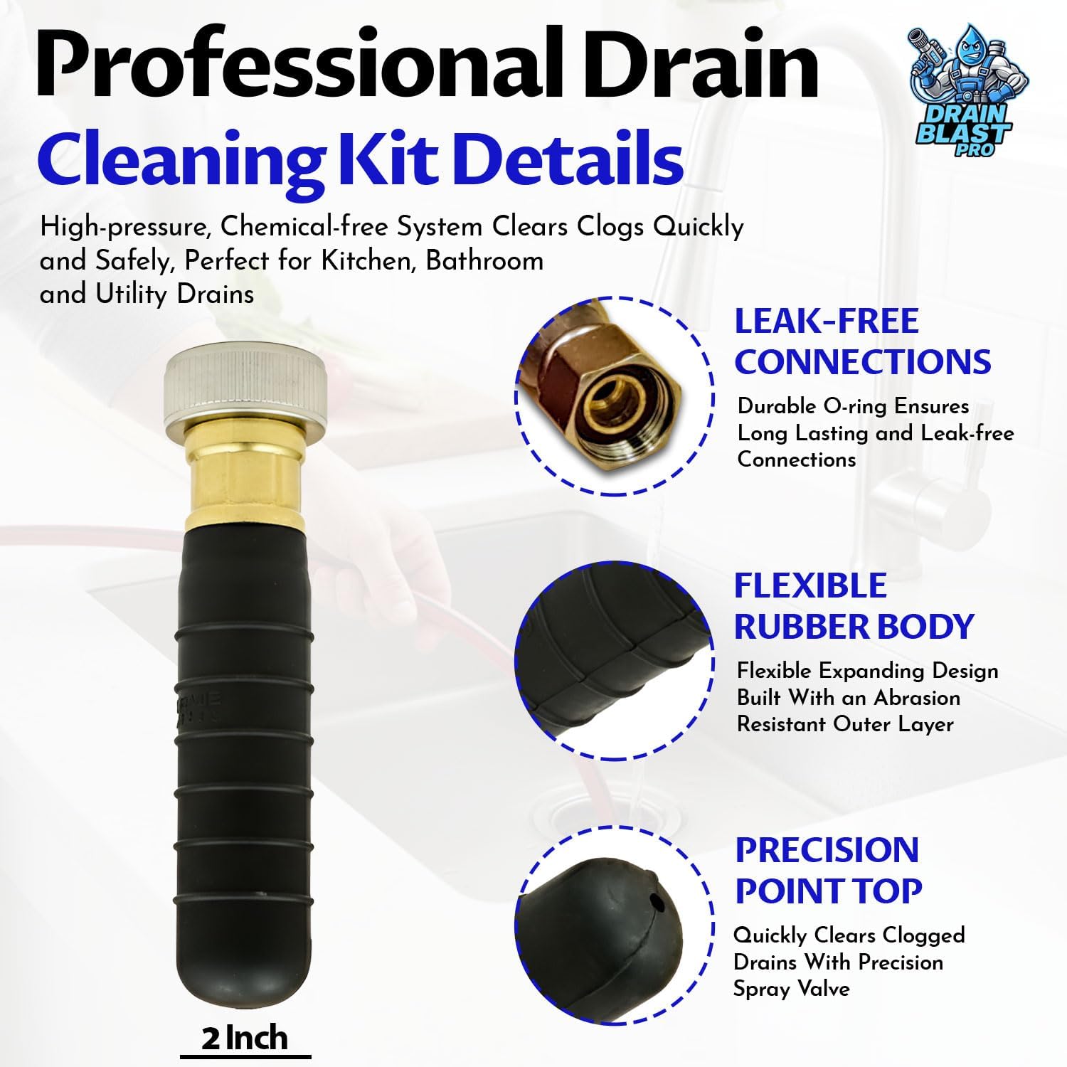 Standard Drain Cleaning Bladder Kit, DBP-1002 2" Water Bladder for 1"–2" Pipes - High Pressure Clogged Drain Remover, Fast Sink Clog Remover for Kitchen, Bathroom & Utility Drains