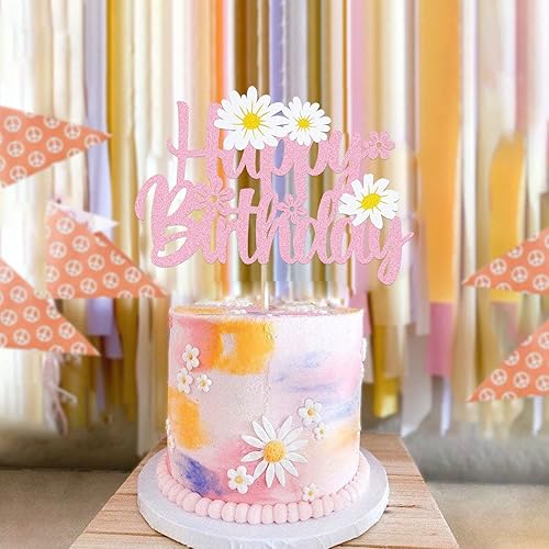 Miniatura 7 de WishFirst - Decoración para pastel de cumpleaños de margaritas, decoración de pastel de flores rosadas, suministros de fiesta de cumpleaños de