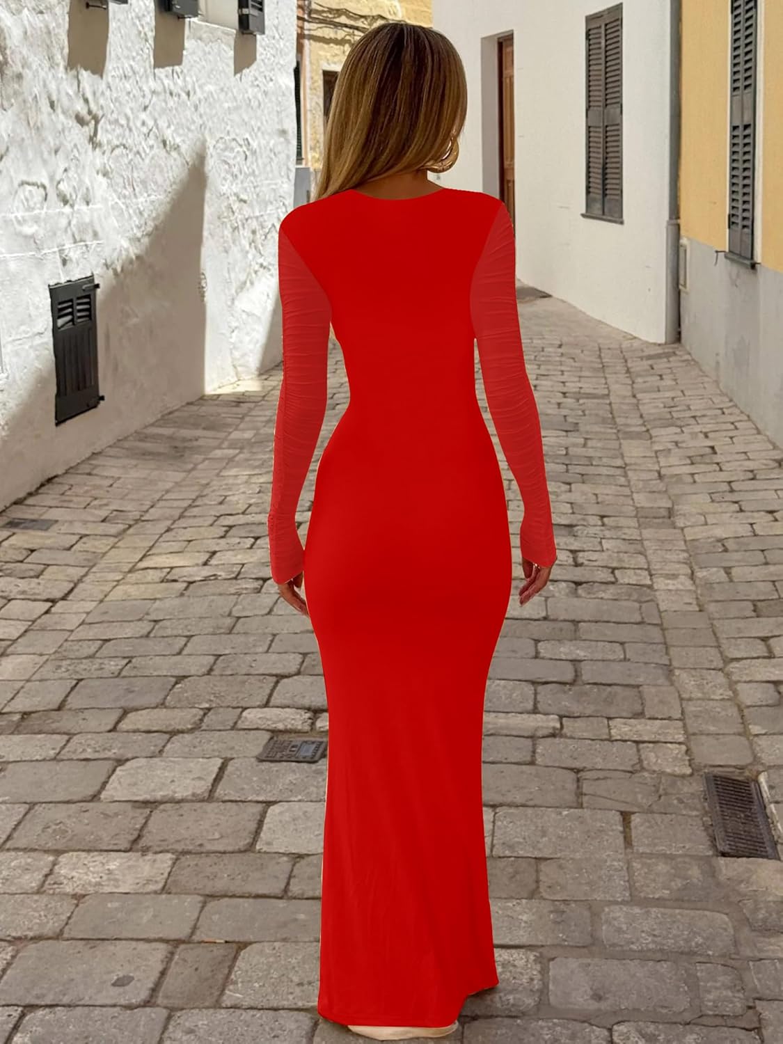 HOCILLE Women's Sexy V Neck Long Sleeve Bodycon Wedding Guest Elegant Maxi Cocktail Party Dresses - Image 2