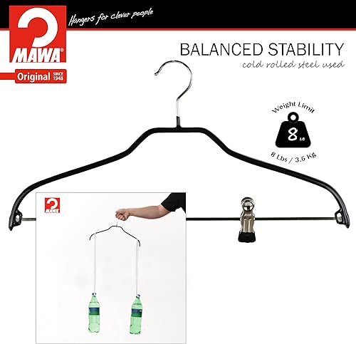 Miniatura 6 de Mawa by Reston Lloyd Silhouette Series - Percha antideslizante que ahorra espacio con clips para pantalones, estilo 40FK, juego de 70, color negro