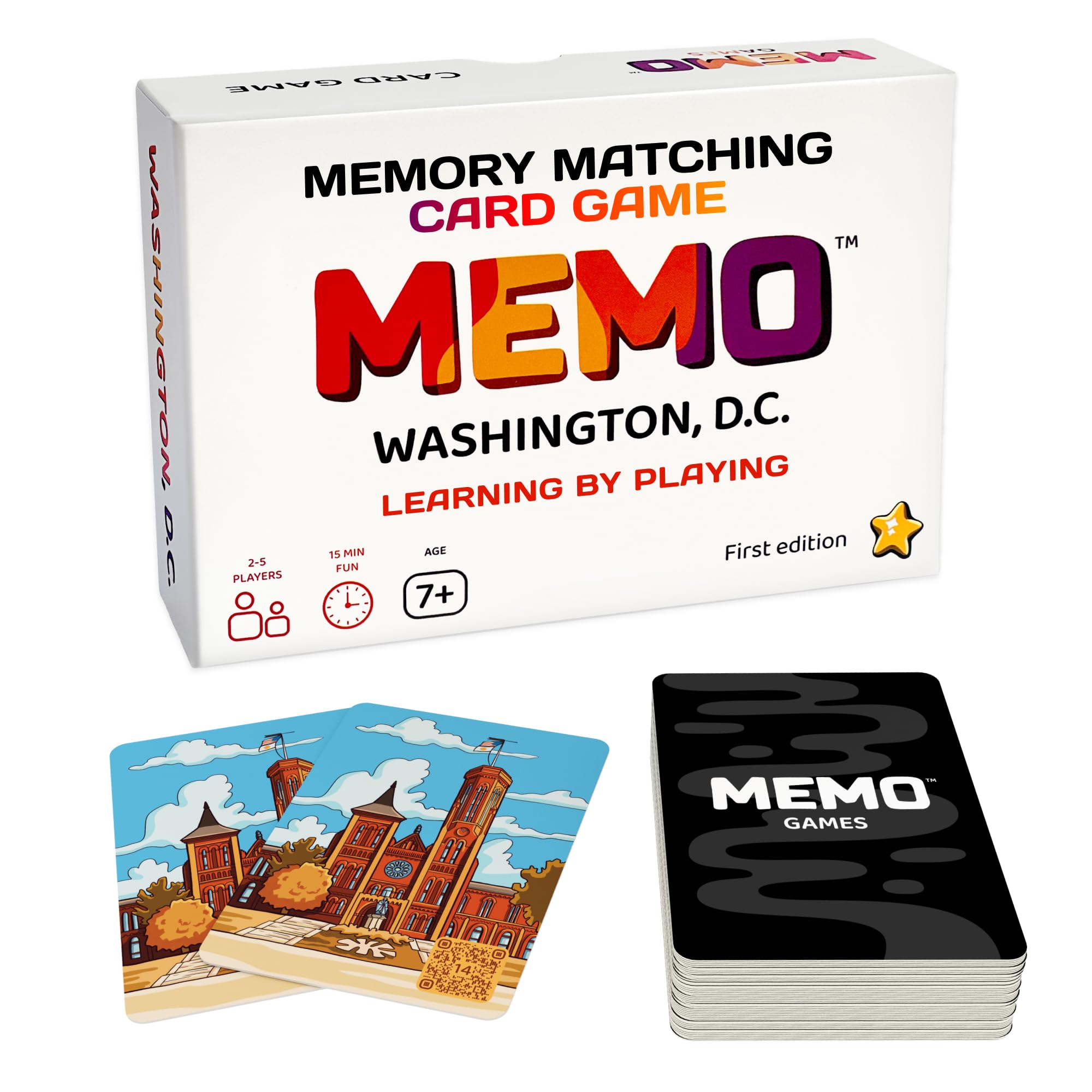 MEMO Washington, D.C. Landmarks – Memory Matching Card Game for Adults, Kids & Teens – Fun & Educational Family Friendly Concentration Engaging Picture Travel Game – 1-5 Players – Ages 7+