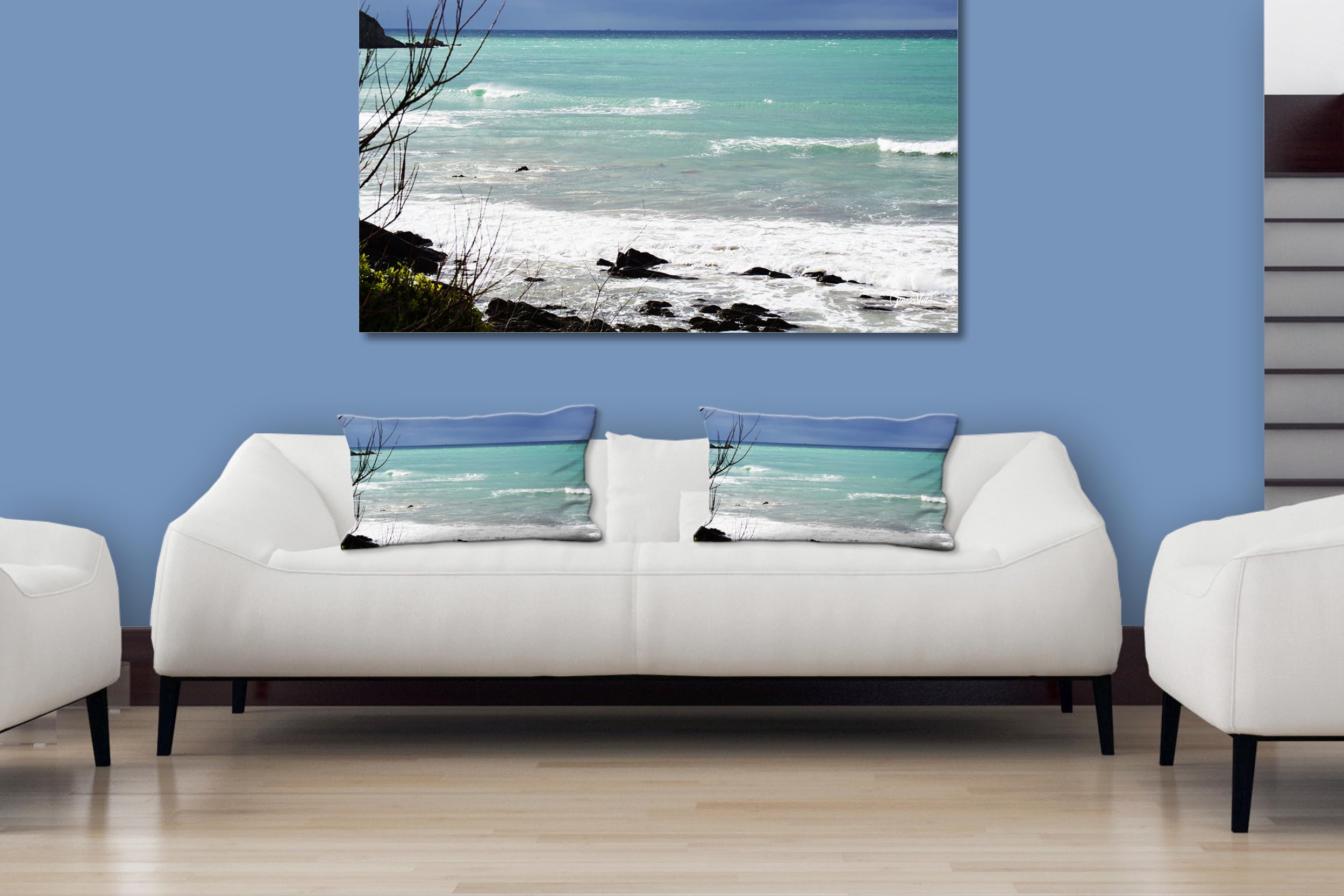 Farbspiele 2 - Foto-Kissen-Hülle Set (2 STK.) 80 x 40 cm | Kissen-Bezüge - passend zu Wandbild - Deko-Kissen - Frankreich Strand Küste blau türkis