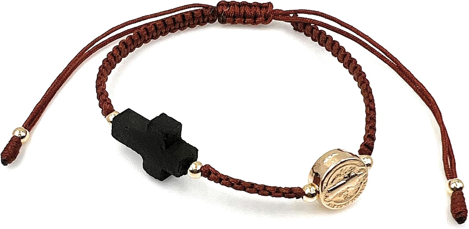 LESLIE BOULES Ligth Brown Thread Bracelet for Women with Gold Plated Saint Benedict Round Connector & Genuine Azabache Cross - Image 2