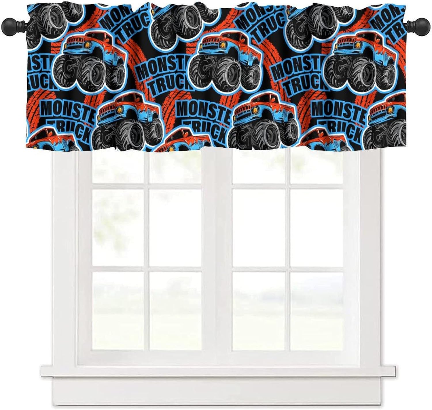 3D Monster Truck Valance Curtain Cartoon Teens Freestyle Colorful Race Rod Pocket Short Window Treatments for Kitchen Kid Boys Bedroom Nursery Bathroom Living Decor Drapes 54x18inch