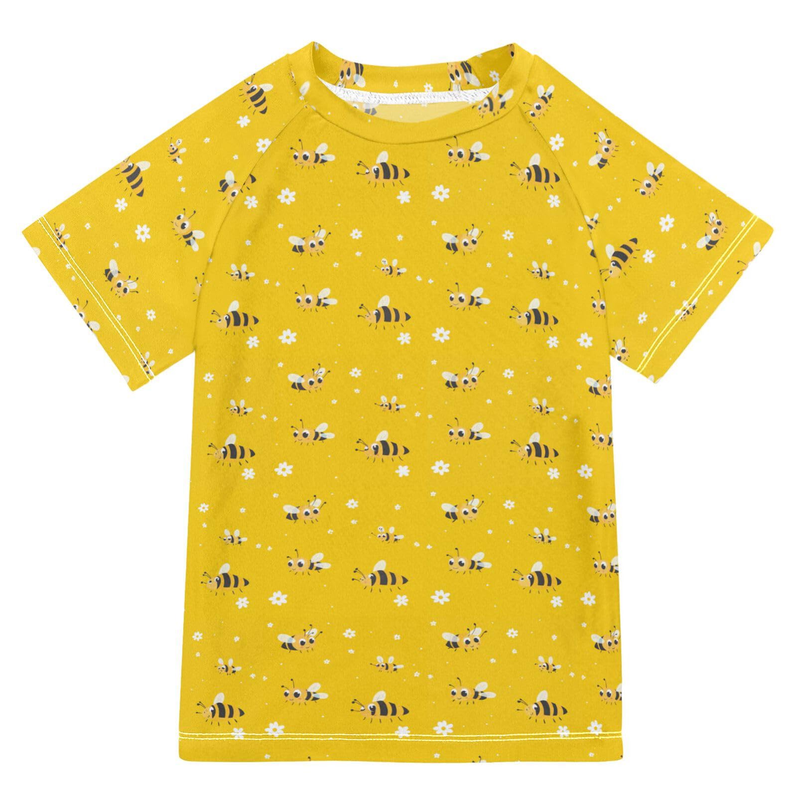 Bathing Suit Kids Short Sleeve Girls Rashguard Swimsuit 4T Yellow Honeybee Flower