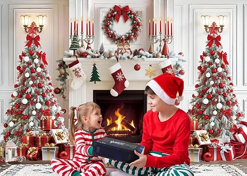 Miniatura 4 de Telón de fondo de chimenea de Navidad blanco y rojo, fondo de fotografía de árbol de Navidad, vacaciones de invierno, Año Nuevo, decoración de
