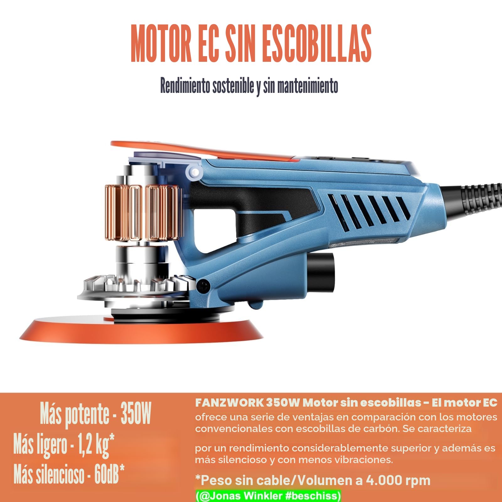 FANZWORK Lijadora rotorbital EZ150A, 350W, órbita de 5 mm, disco de 150 mm, 7 velocidades, freno de disco, 15 lijas, disco de repuesto y maletín de transporte.