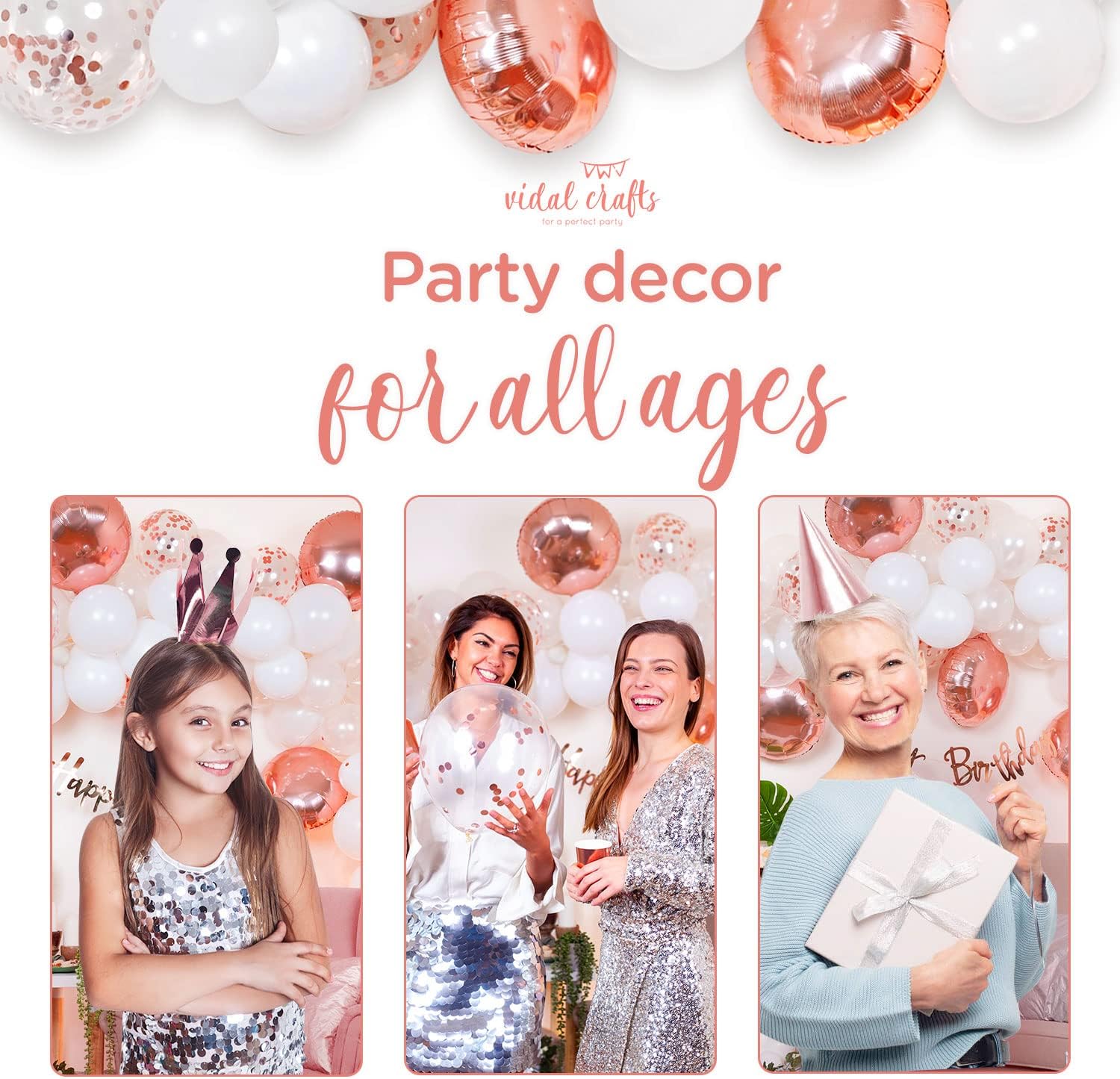 VIDAL CRAFTS 60 Pcs Set Rose Gold Party Decorations for Women, Rose Gold Confetti Balloons, Fans and Banners, Girls Birthday Party Decorations Supplies