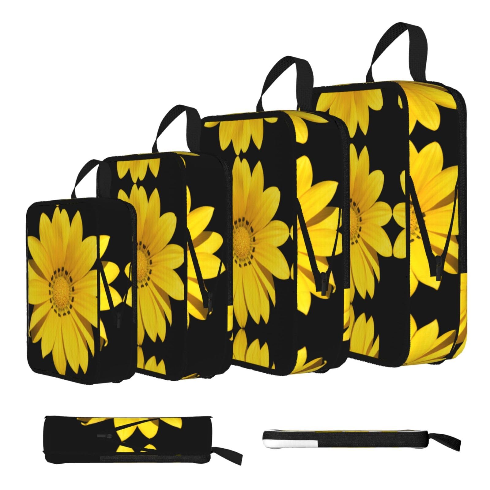 Sunflower Print Compression Packing Cubes 4-Piece Set With Multi- Compartment Travel Bag, Waterproof Suitcase Organiser Bags