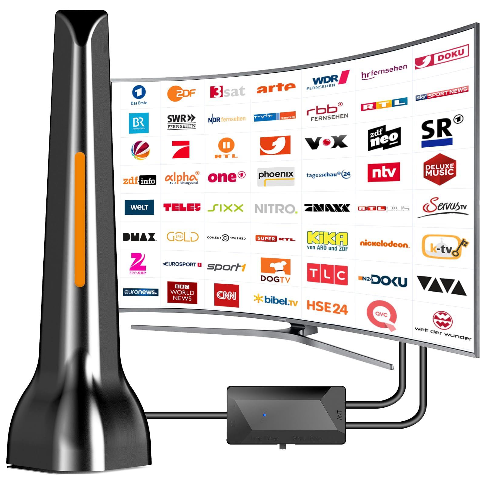 Antenna DVBt-T/DVB-T2, DVBT2, con amplificatore, ampia portata e ricezione a 360°, antenna per TV con forte base magnetica, supporta 4K 1080P – tutti i dispositivi TV DAB/UHF/VHF
