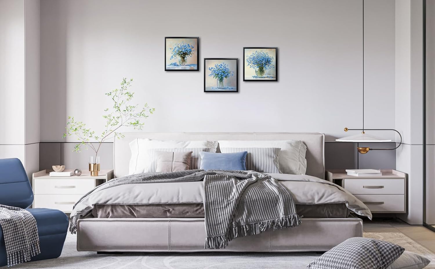 seteuret Flower Wall Art, Blue and Grey Wall Decor - Boho Bloom Room Decor for Bathroom Bedroom Living Room, 12"x12", 3Pcs