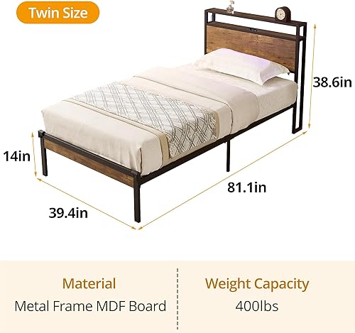 Miniatura 2 de Base de cama individual con luces LED y puertos USB, marco de cama industrial con cabecera de 2 niveles con almacenamiento debajo de la cama, sin
