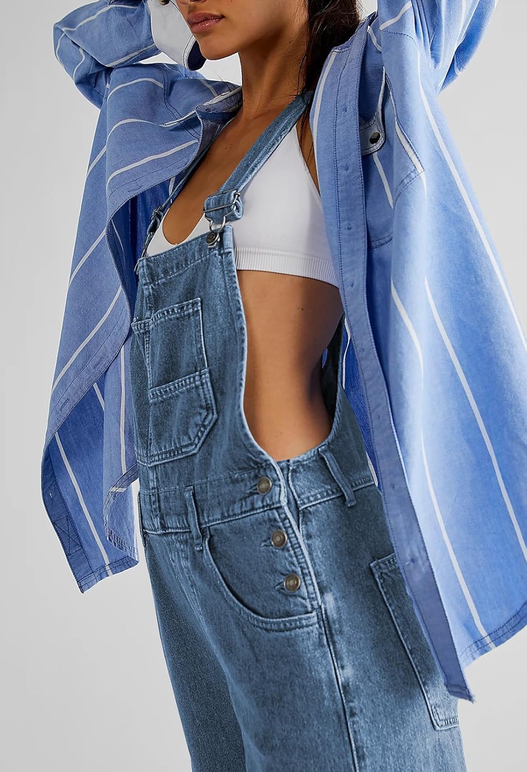 Pink Queen Oversized Sleeveless Jumpsuit Relaxed Straight-Leg Fit High Rise Jean Overall Wide Strap One Piece Retro Bib Denim Romper with Pockets Light Blue L - Image 2