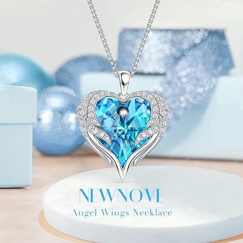Miniatura 3 de NEWNOVE Collar de rosa azul claro preservada con alas angulares, regalo de aniversario de cumpleaños para mujeres, esposa, novia, mamá, ideas