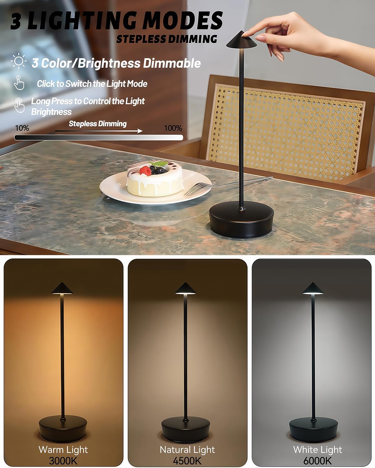 Black Cordless Rechargeable Table Lamp 7200mAh Portable Touch Control LED Waterproof Table Lamp for Bedroom Reading - Image 3
