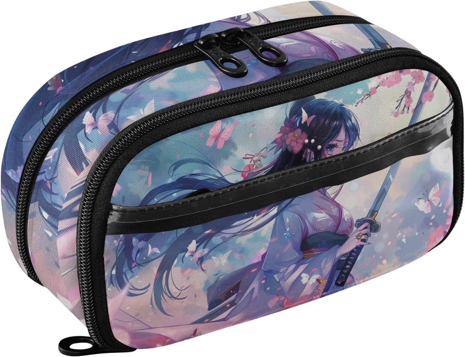 Anime Woman Warrior Large Pencil Case with Clear Layer Compartments, Pencil Pouch Organizer for Teens Girls Boys School Office
