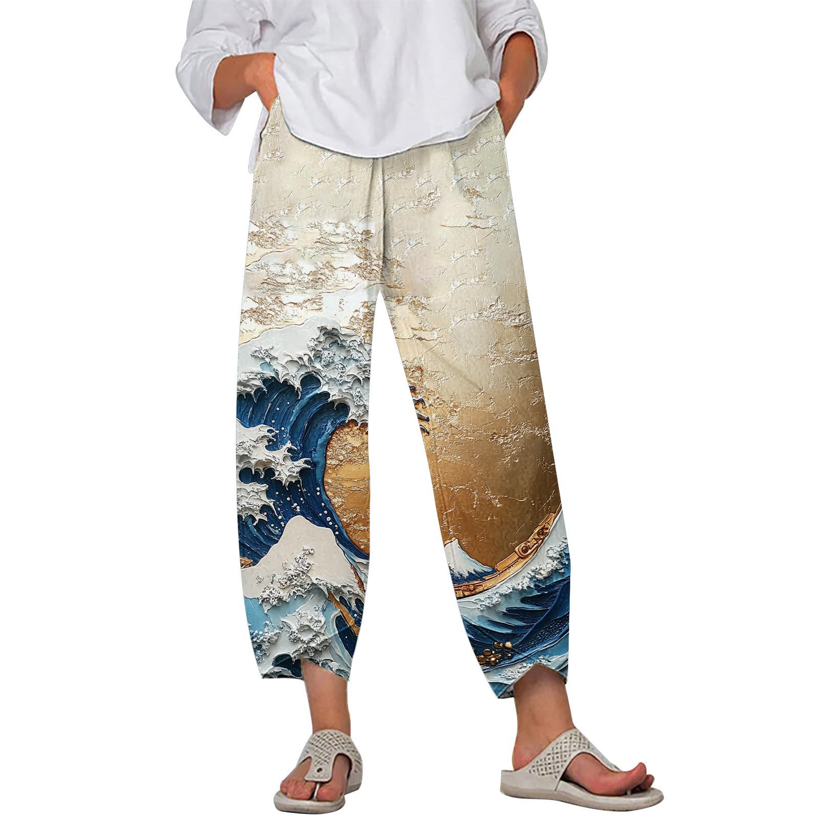 Capris Linen Pants Women Ocean Art Print Baggy Wide Leg Elastic Waist Pallazzo Hippie Pants for Beach